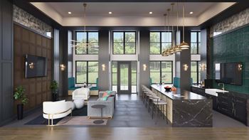 Modern clubhouse with kitchen island and double height windows